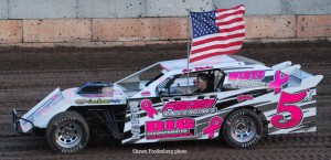 Joey Taycher has included pink graphic on his race car in honor of relative who have battled cancer. (Shawn Fredenberg photo)