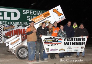 Phillip Mock and crew celebrate Mock's first career IRA Sprint Car feature win, Saturday, April 26 at Beaver Dam Raceway. (Bob Cruse photo)