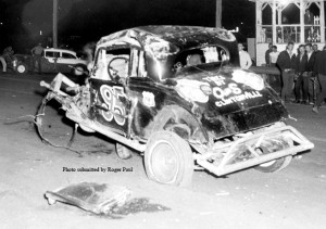 Roger Paul doesn’t remember the year the accident took place, but here is what is left of the 1934 Chevy Coupe he rolled down the frontstretch at Shawano Speedway. He says that was one of his most memorable racing moments. (Submitted photo)