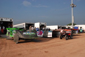 The Scheffler family pitted next to each other at the George Sheffler Memorial. (L to R) are the cars of Rick Scheffler, Mitch McGrath, and Russ Scheffler. (Bert Lehman photo)