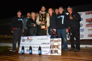 Chris Wimmer celebrates with family and pit crew after winning the 2014 Slinger Nationals. 