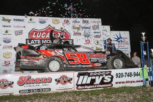 A.J. Diemel celebrates in victory lane after winning the $10,000-to-win Lucas Oil Dirt Late Model Series feature at Oshkosh Speedzone on May 20. Shawn Fredenberg photo