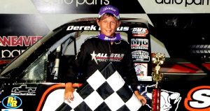 Derek Kraus after winning his first Midwest Truck Series feature at Dells Raceway Park June 20, 2016 at the age of 13.