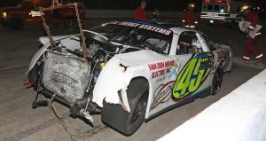 The remains of Jeff Van Oudenhoven's race car after his May 28, 2015 wreck. He broke his ankle in the wreck and was forced to miss the rest of the season. (Dan Lewis Photography photo)