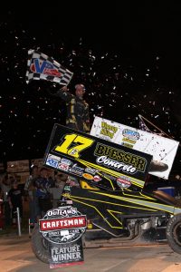 Bill Balog celebrates after pulling off the upset, winning the World of Outlaws Sprint Car Series feature at Beaver Dam Raceway on June 25. (Jason Williams photo)